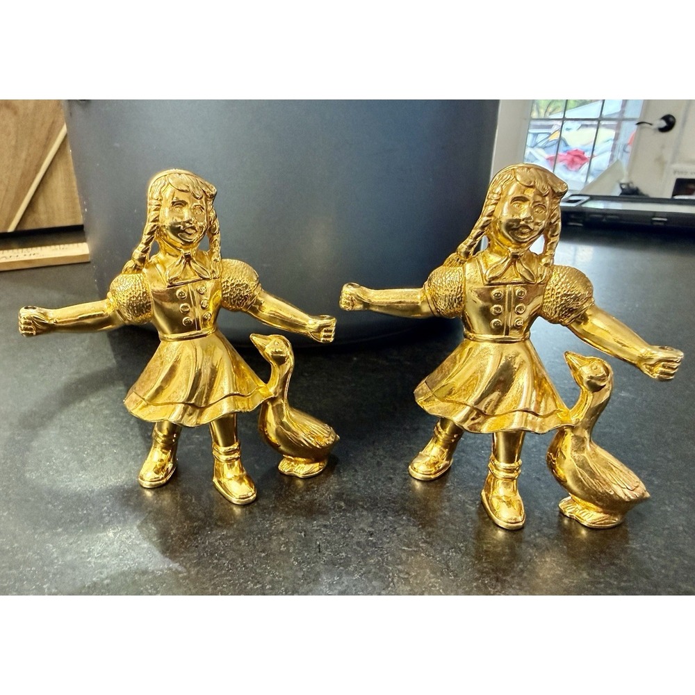 Pair Vintage BMF West Germany Gänseliesel Goose Girl Figurines Gold Plated